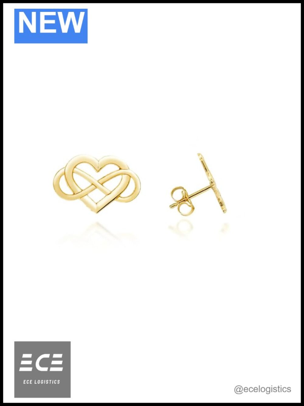 Solid 14K Yellow Gold Infinity Heart Stud Earrings Push Back